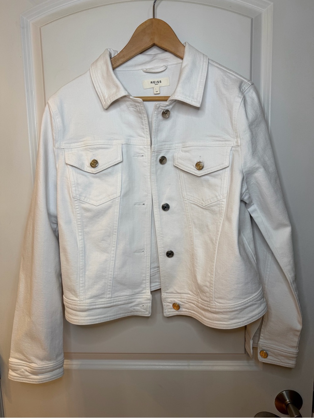 Reiss Philippa Women's White Button-Up Denim Jacket, size 14